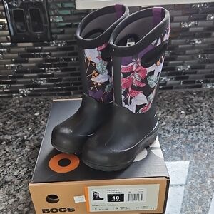 Bogs Black Boots with Purple Floral Pattern